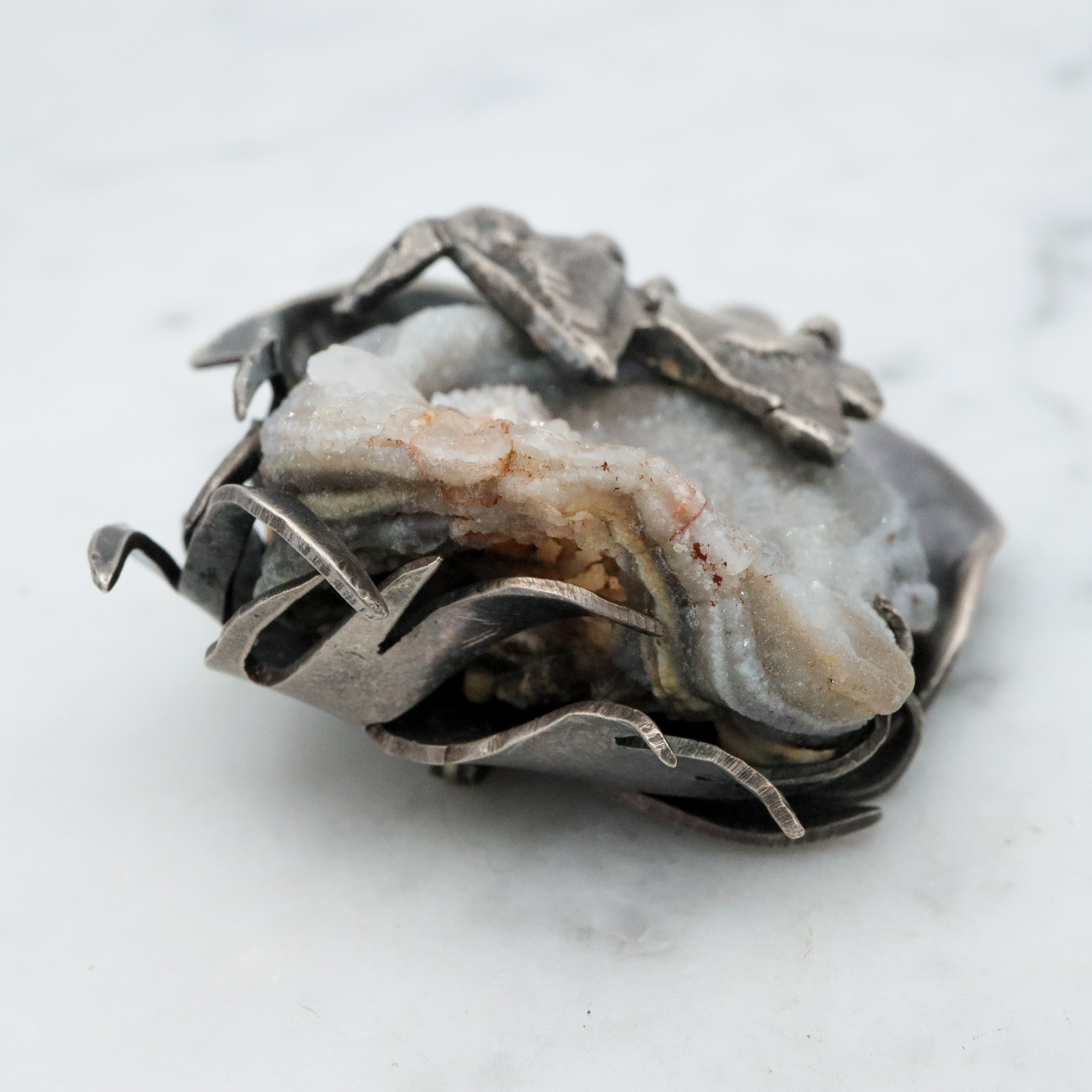 MCM handmade sterling agate druzy flower brooch